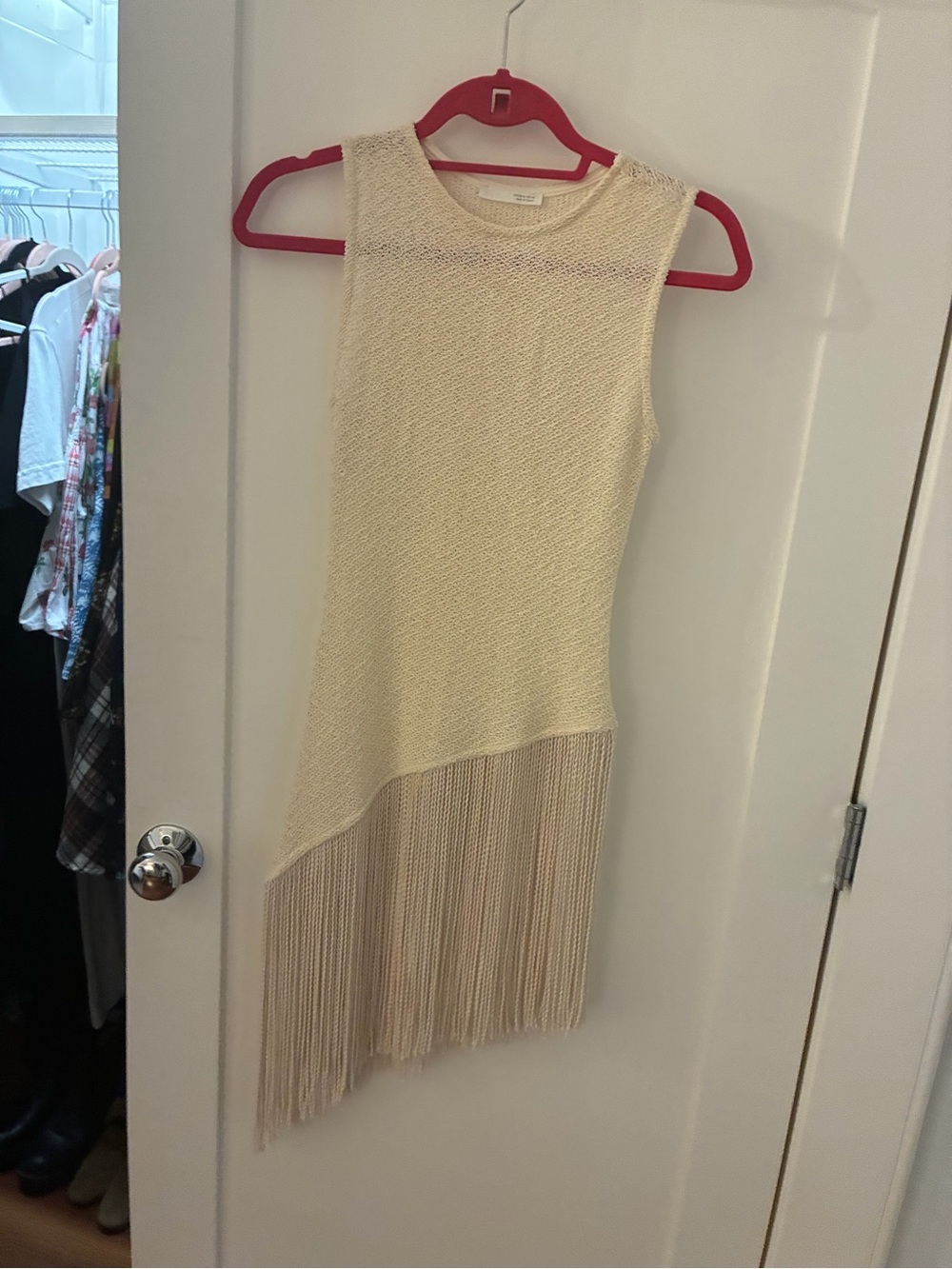 Zara Cream Sleeveless Knit Dress with Asymmetric Fringe Hem NWOT